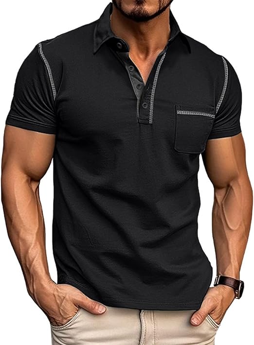 Men's Fashion Polo Shirts Classic Short Sleeve Lightweight Button Cotton T-Shirt Casual Golf Tee Tops with Pocket (#vs1)