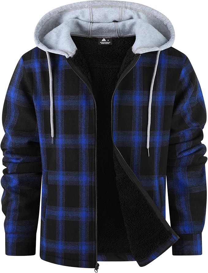 Mens Flannel Plaid Jacket Long Sleeve Fleece Sherpa Lined Winter Jacket Warm Coat (#vs14)