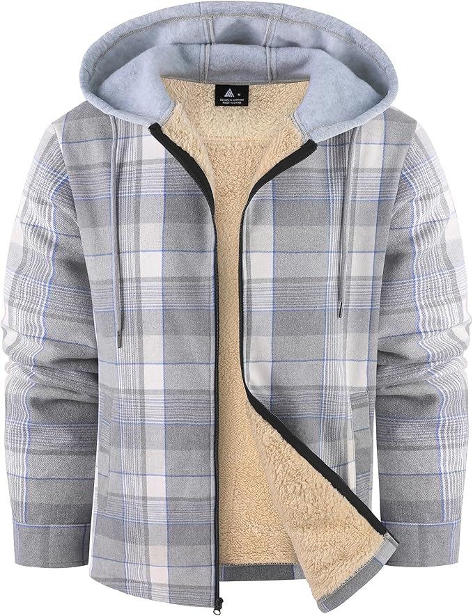 Mens Flannel Plaid Jacket Long Sleeve Fleece Sherpa Lined Winter Jacket Warm Coat (#vs4)