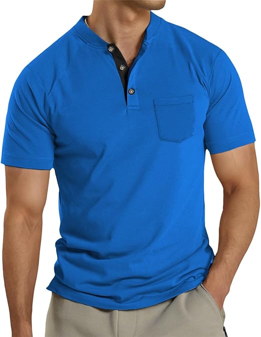 Mens Henley Shirts Classic 3 Button Stand Collar Casual Short Sleeve T-Shirts with Pocket Solid Summer Basic Tops (#vs9)