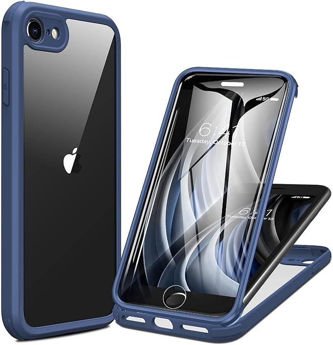 Miracase for iPhone SE Phone Case 3rd/2nd Generation 2022 2020 Full-Body with Built-in Glass Screen Protector, Heavy Duty 360° Protective Shockproof Bumper Cover for iPhone 8/SE, Blue #vs2)