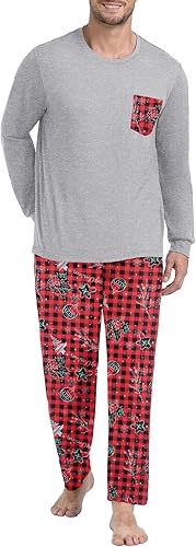 PrinStory Men's Pajama Set Sleepwear Pjs Lightweight Long Sleeve Crewneck Shirts and Bottoms Soft Comfy Sleep Sets (#vs14)