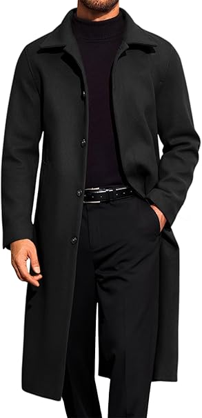 Runcati Mens Long Trench Coat Single Breasted Lapel Overcoat Casual Fall Winter Warm Peacoat (#vs1)