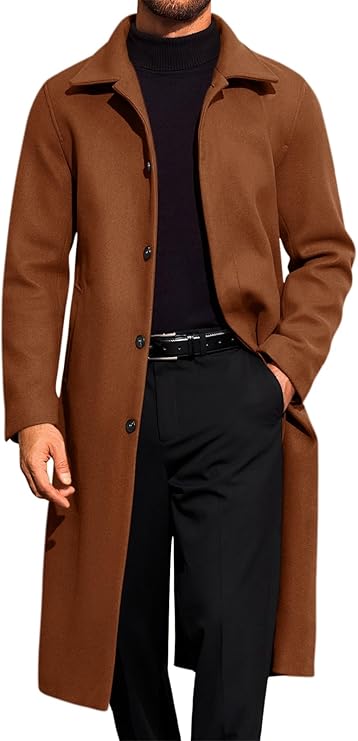 Runcati Mens Long Trench Coat Single Breasted Lapel Overcoat Casual Fall Winter Warm Peacoat (#vs2)