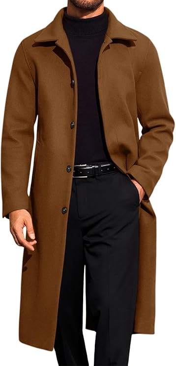 Runcati Mens Long Trench Coat Single Breasted Lapel Overcoat Casual Fall Winter Warm Peacoat (#vs3)