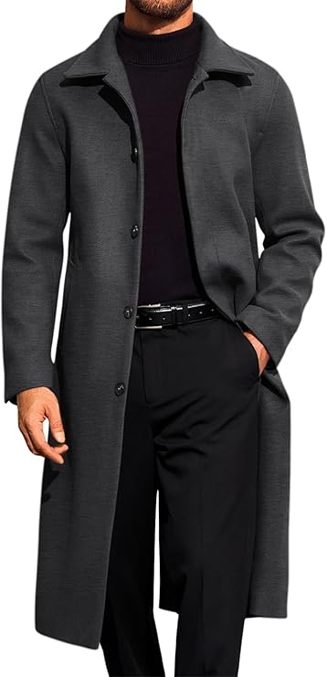 Runcati Mens Long Trench Coat Single Breasted Lapel Overcoat Casual Fall Winter Warm Peacoat (#vs4)