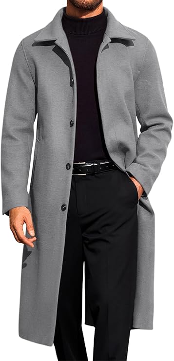 Runcati Mens Long Trench Coat Single Breasted Lapel Overcoat Casual Fall Winter Warm Peacoat (#vs5)