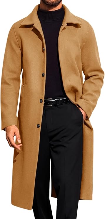 Runcati Mens Long Trench Coat Single Breasted Lapel Overcoat Casual Fall Winter Warm Peacoat (#vs6)
