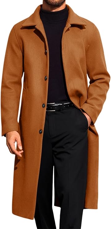 Runcati Mens Long Trench Coat Single Breasted Lapel Overcoat Casual Fall Winter Warm Peacoat (#vs7)