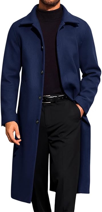 Runcati Mens Long Trench Coat Single Breasted Lapel Overcoat Casual Fall Winter Warm Peacoat (#vs8)