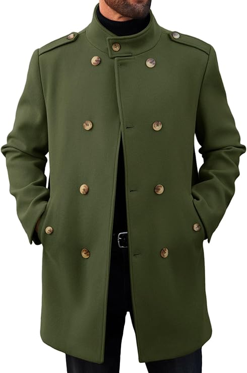 Runcati Mens Trench Coat Double Breasted Stand Collar Pea Coat Casual Fall Winter Warm Mid Long Overcoat (#vs1)