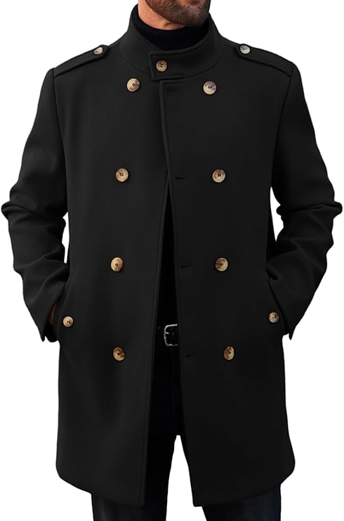 Runcati Mens Trench Coat Double Breasted Stand Collar Pea Coat Casual Fall Winter Warm Mid Long Overcoat (#vs2)