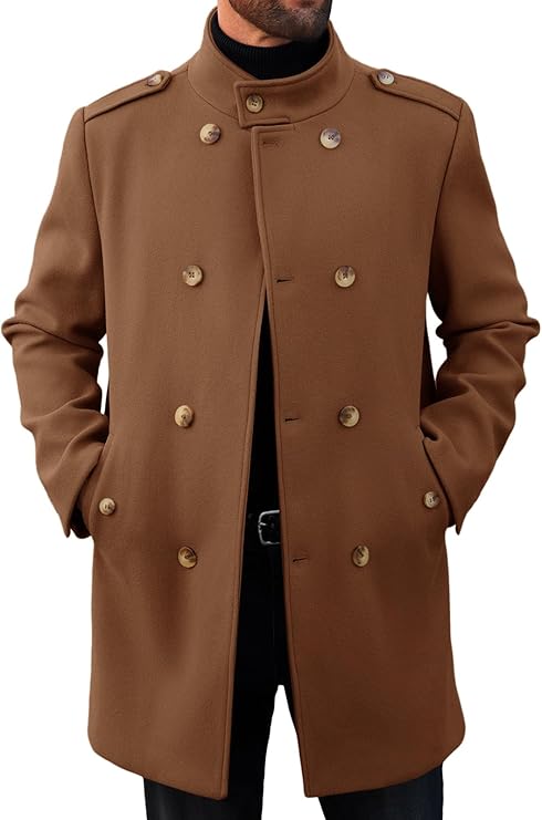 Runcati Mens Trench Coat Double Breasted Stand Collar Pea Coat Casual Fall Winter Warm Mid Long Overcoat (#vs3)