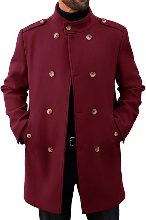 Runcati Mens Trench Coat Double Breasted Stand Collar Pea Coat Casual Fall Winter Warm Mid Long Overcoat (#vs4)
