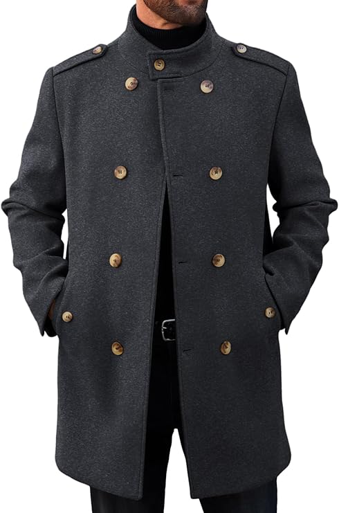 Runcati Mens Trench Coat Double Breasted Stand Collar Pea Coat Casual Fall Winter Warm Mid Long Overcoat (#vs5)