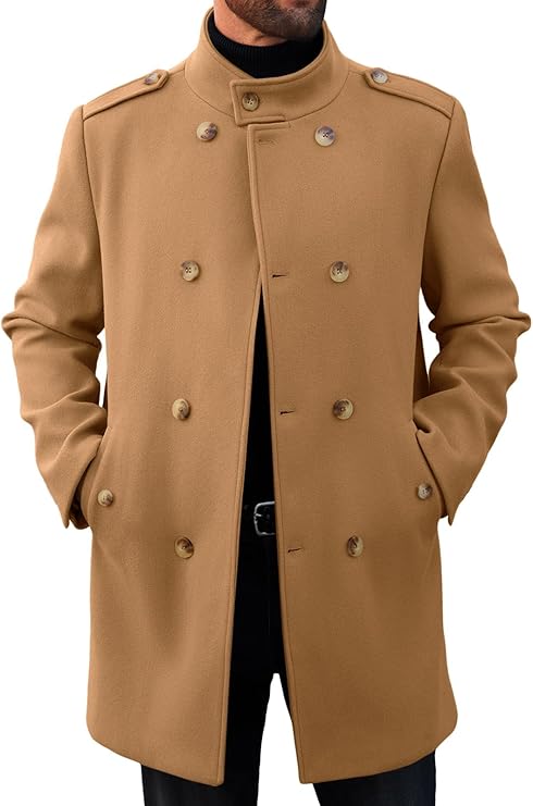 Runcati Mens Trench Coat Double Breasted Stand Collar Pea Coat Casual Fall Winter Warm Mid Long Overcoat (#vs6)