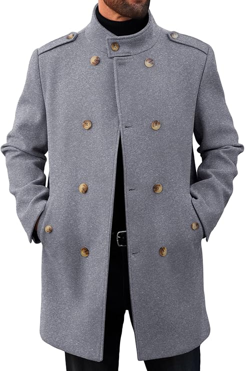 Runcati Mens Trench Coat Double Breasted Stand Collar Pea Coat Casual Fall Winter Warm Mid Long Overcoat (#vs7)