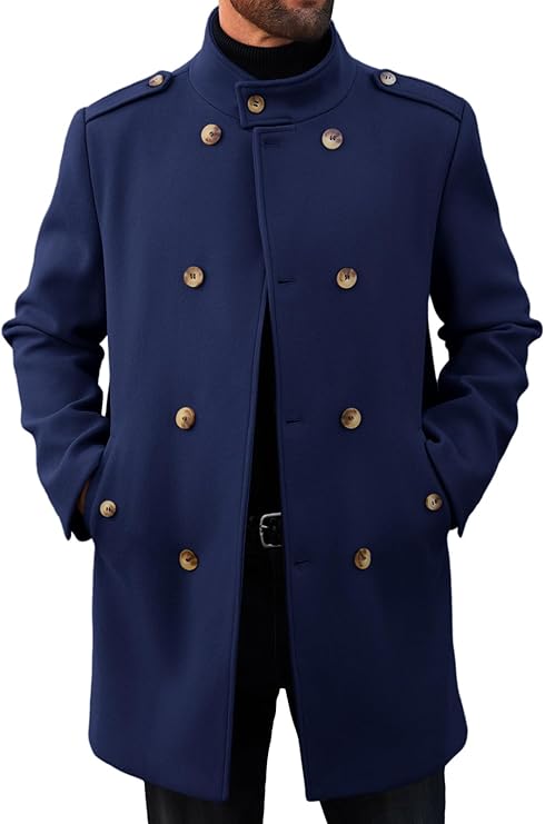 Runcati Mens Trench Coat Double Breasted Stand Collar Pea Coat Casual Fall Winter Warm Mid Long Overcoat (#vs8)
