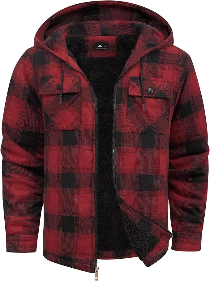 SCODI Mens Flannel Hooded Jacket Sherpa Lined Zip Up Hoodies for Men Plaid Shirt Jackets Warm Thick Fleece Coat with Pocket (#vs1)