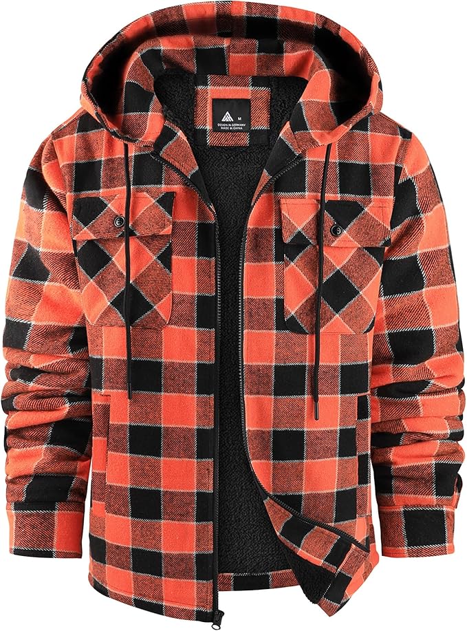 SCODI Mens Flannel Hooded Jacket Sherpa Lined Zip Up Hoodies for Men Plaid Shirt Jackets Warm Thick Fleece Coat with Pocket (#vs10)
