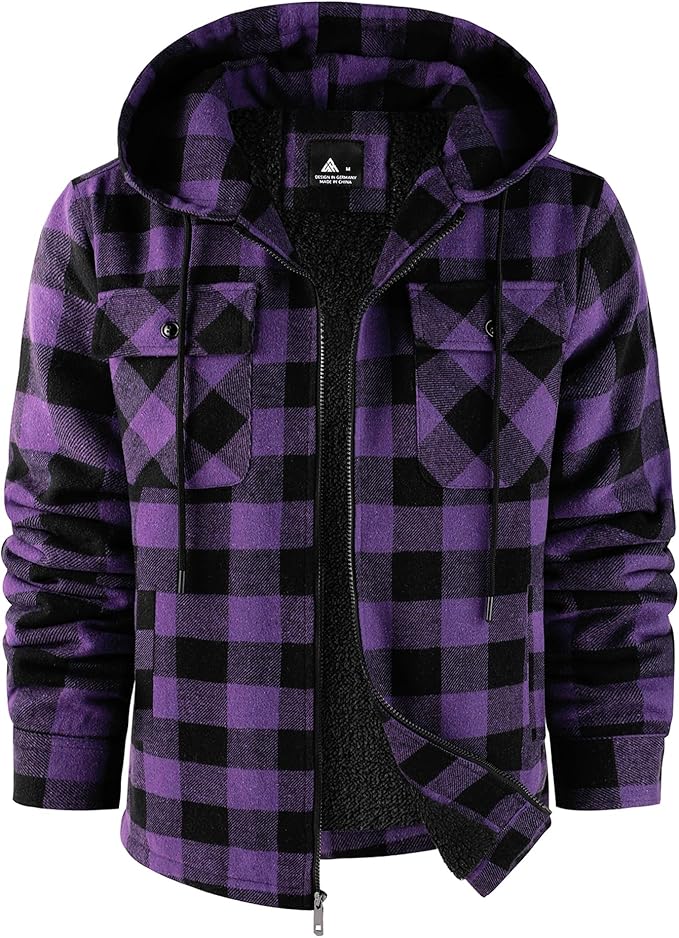 SCODI Mens Flannel Hooded Jacket Sherpa Lined Zip Up Hoodies for Men Plaid Shirt Jackets Warm Thick Fleece Coat with Pocket (#vs11)
