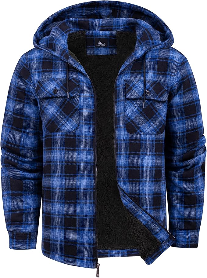 SCODI Mens Flannel Hooded Jacket Sherpa Lined Zip Up Hoodies for Men Plaid Shirt Jackets Warm Thick Fleece Coat with Pocket (#vs3)