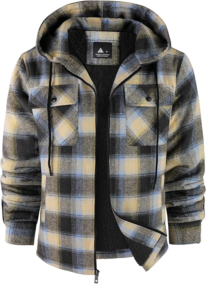 SCODI Mens Flannel Hooded Jacket Sherpa Lined Zip Up Hoodies for Men Plaid Shirt Jackets Warm Thick Fleece Coat with Pocket (#vs4)