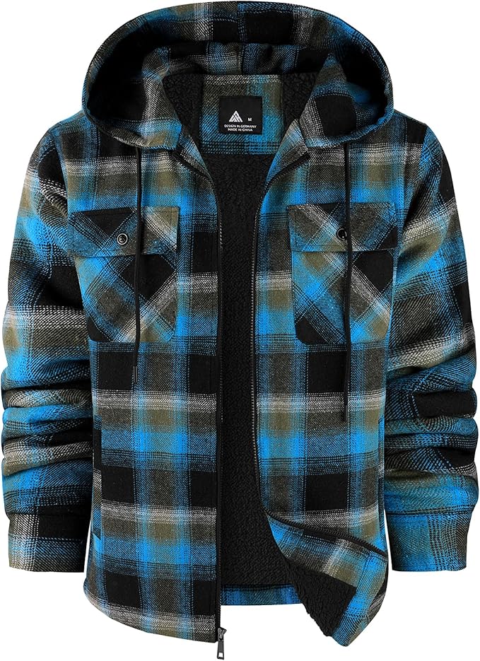SCODI Mens Flannel Hooded Jacket Sherpa Lined Zip Up Hoodies for Men Plaid Shirt Jackets Warm Thick Fleece Coat with Pocket (#vs5)