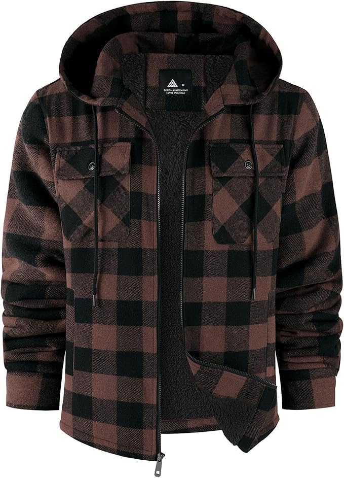 SCODI Mens Flannel Hooded Jacket Sherpa Lined Zip Up Hoodies for Men Plaid Shirt Jackets Warm Thick Fleece Coat with Pocket (#vs6)