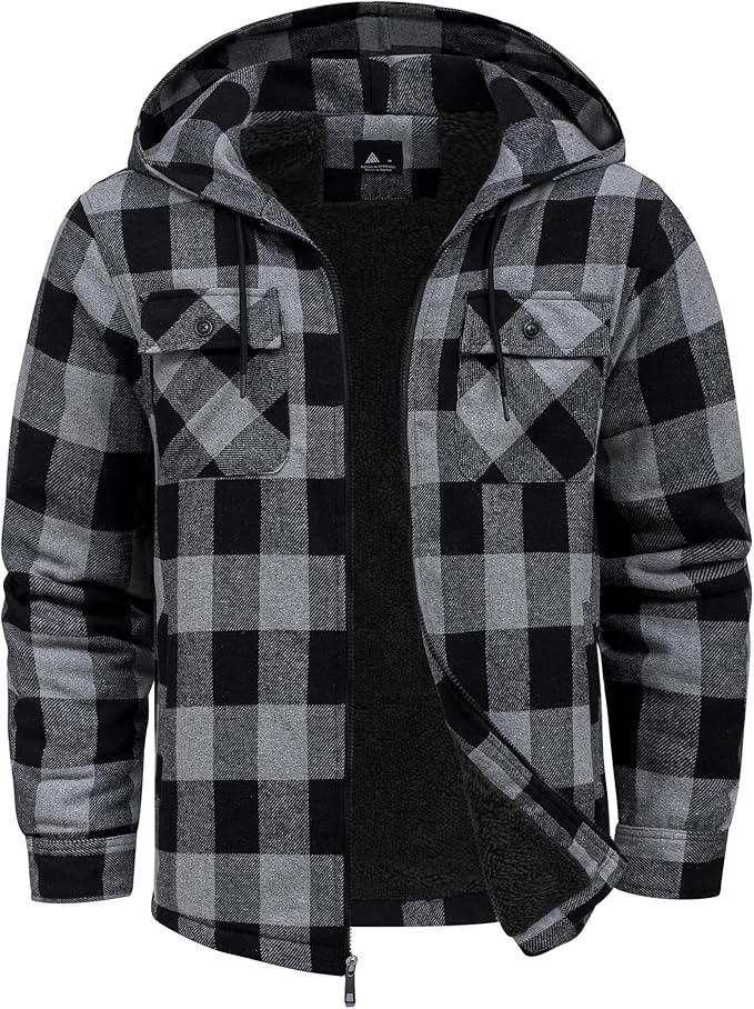 SCODI Mens Flannel Hooded Jacket Sherpa Lined Zip Up Hoodies for Men Plaid Shirt Jackets Warm Thick Fleece Coat with Pocket (#vs7)