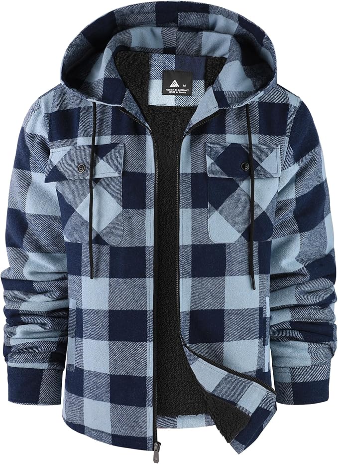 SCODI Mens Flannel Hooded Jacket Sherpa Lined Zip Up Hoodies for Men Plaid Shirt Jackets Warm Thick Fleece Coat with Pocket (#vs8)