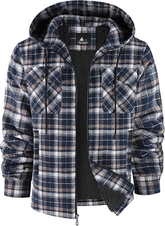 SCODI Mens Flannel Hooded Jacket Sherpa Lined Zip Up Hoodies for Men Plaid Shirt Jackets Warm Thick Fleece Coat with Pocket (#vs9)