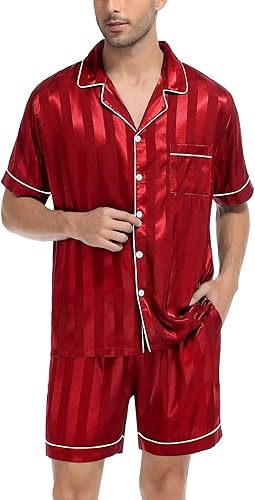 SWOMOG Men Satin Silk Pajamas Sets Short Sleeve Sleepwear Button-Down PJs Sets Two-Pieces Loungewear with Pockets (#vs16)