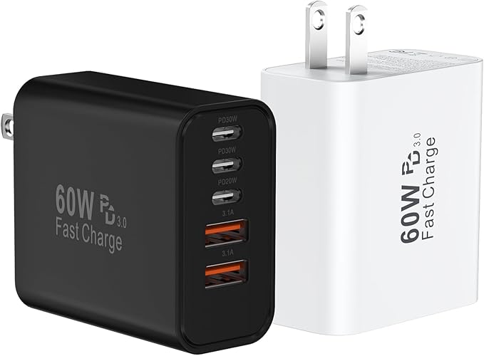 USB C Fast Wall Charger Block, 2Pack 60W USBC Charging Cubes, 5-Port PD+QC Power Adapter Multiport Brick Type C Box Plug for Phone 16/15/14/13/12/11/Pro Max/Plus, Pad Mini/Pro/S25/S24-White+Black (#vs1)