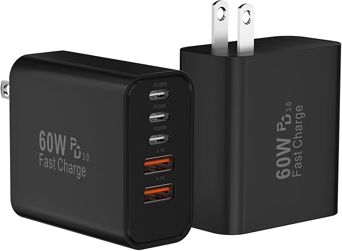 USB C Fast Wall Charger Block, 2Pack 60W USBC Charging Cubes, 5-Port PD+QC Power Adapter Multiport Brick Type C Box Plug for Phone 16/15/14/13/12/11/Pro Max/Plus, Pad Mini/Pro/S25/S24-White+Black (#vs2)