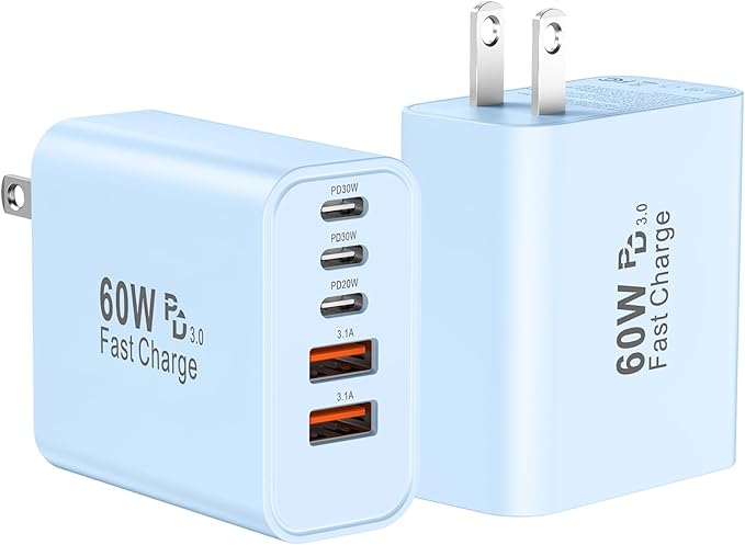 USB C Fast Wall Charger Block, 2Pack 60W USBC Charging Cubes, 5-Port PD+QC Power Adapter Multiport Brick Type C Box Plug for Phone 16/15/14/13/12/11/Pro Max/Plus, Pad Mini/Pro/S25/S24-White+Black (#vs3)