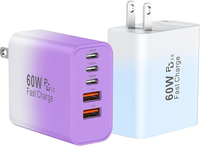 USB C Fast Wall Charger Block, 2Pack 60W USBC Charging Cubes, 5-Port PD+QC Power Adapter Multiport Brick Type C Box Plug for Phone 16/15/14/13/12/11/Pro Max/Plus, Pad Mini/Pro/S25/S24-White+Black (#vs4)