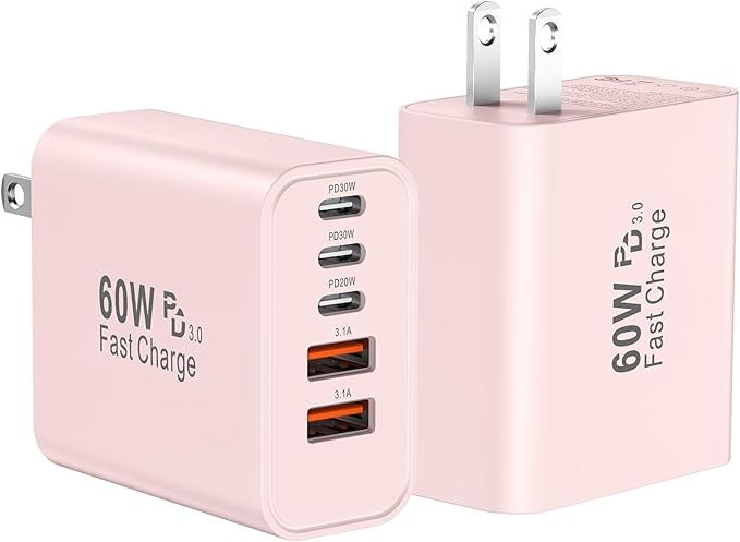 USB C Fast Wall Charger Block, 2Pack 60W USBC Charging Cubes, 5-Port PD+QC Power Adapter Multiport Brick Type C Box Plug for Phone 16/15/14/13/12/11/Pro Max/Plus, Pad Mini/Pro/S25/S24-White+Black (#vs5)
