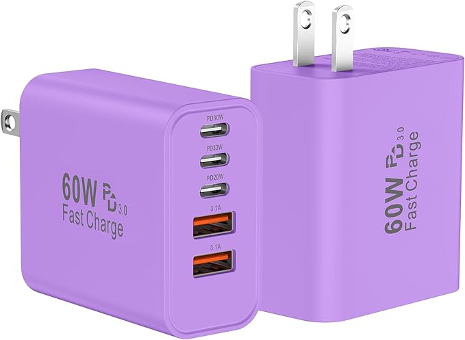 USB C Fast Wall Charger Block, 2Pack 60W USBC Charging Cubes, 5-Port PD+QC Power Adapter Multiport Brick Type C Box Plug for Phone 16/15/14/13/12/11/Pro Max/Plus, Pad Mini/Pro/S25/S24-White+Black (#vs6)
