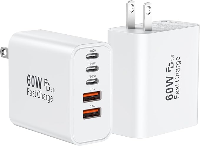 USB C Fast Wall Charger Block, 2Pack 60W USBC Charging Cubes, 5-Port PD+QC Power Adapter Multiport Brick Type C Box Plug for Phone 16/15/14/13/12/11/Pro Max/Plus, Pad Mini/Pro/S25/S24-White+Black (#vs7)
