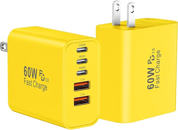 USB C Fast Wall Charger Block, 2Pack 60W USBC Charging Cubes, 5-Port PD+QC Power Adapter Multiport Brick Type C Box Plug for Phone 16/15/14/13/12/11/Pro Max/Plus, Pad Mini/Pro/S25/S24-White+Black (#vs8)