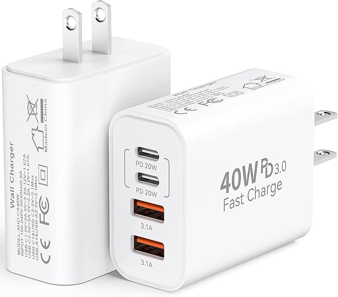 USB C Fast Wall Charger Block, 2Pack 60W USBC Charging Cubes, 5-Port PD+QC Power Adapter Multiport Brick Type C Box Plug for Phone 16/15/14/13/12/11/Pro Max/Plus, Pad Mini/Pro/S25/S24-White+Black (#vs9)