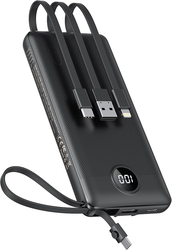 VEEKTOMX Portable Charger Built-in Cables,10000mAh Power Bank for iPhone,Fast Charge USB C Battery Pack Travel Essentials Powerbank Compatible with iPhone 17/16/15/14, Samsung S25/24, Android, etc #vs1)